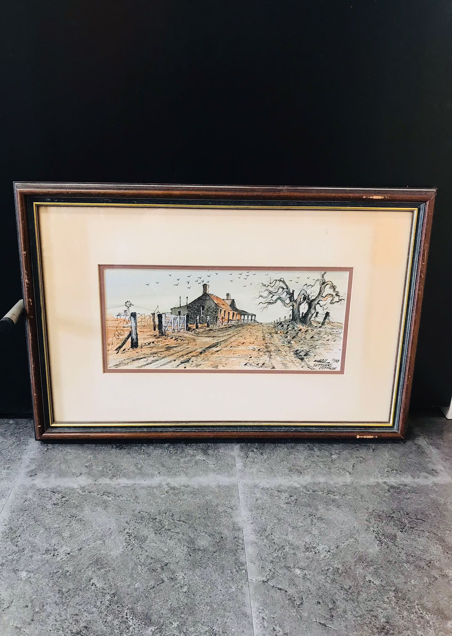 FRAMED TIM HALL SETTLER’S COTTAGE WATERCOLOUR PAINTING