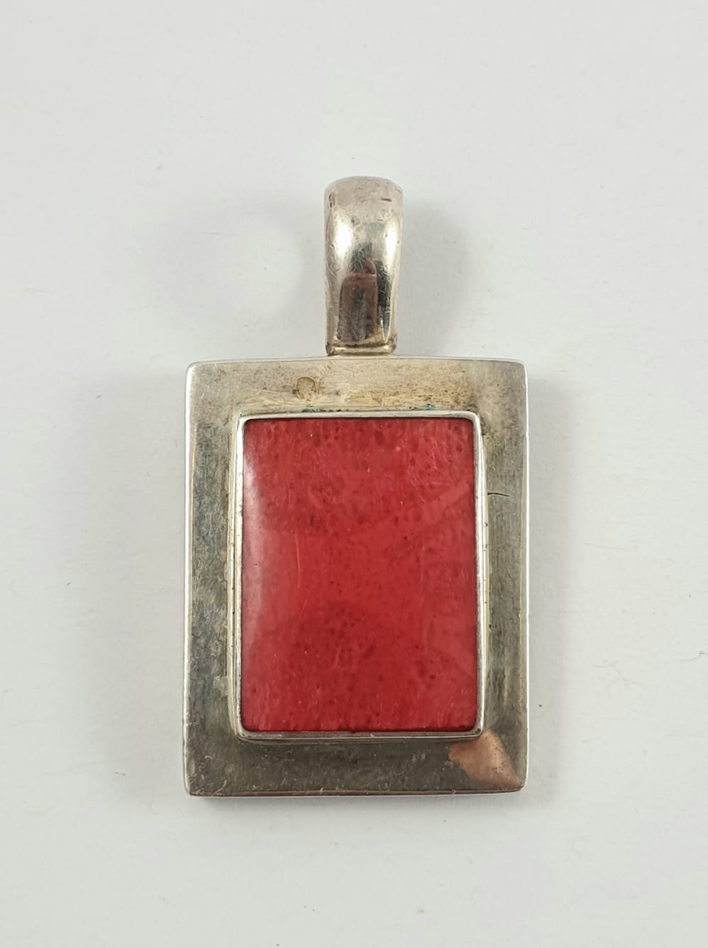 LARGE SQUARE STERLING SILVER PENDANT SET WITH RED SYNTHETIC STONE